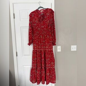 Max Studio Floral Red Maxi Dress Modest Flowy Tie Neck Layered